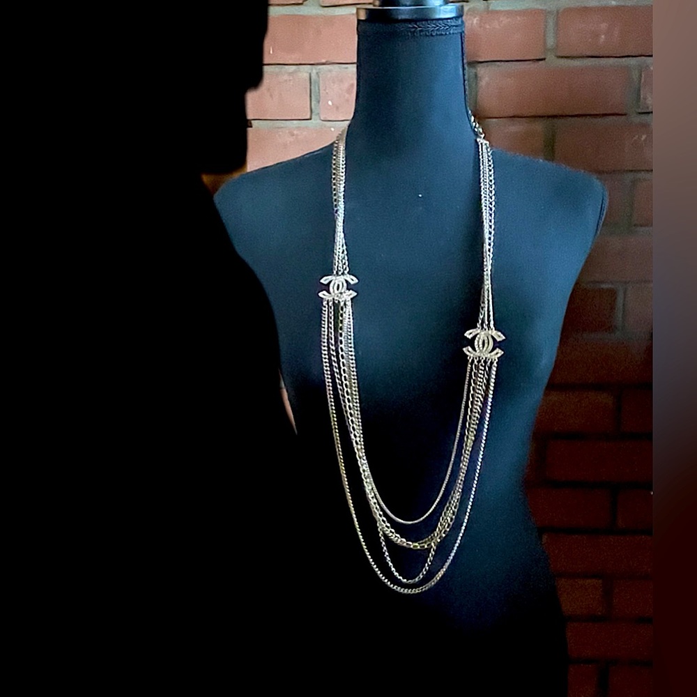 Chanel 2017 24" Metal layered necklace with Swarovski charms / CC